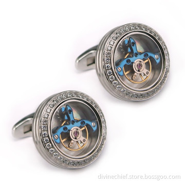 Make Custom Logo CNC Inlaid Stones Tourbillon Movement Cufflinks In Stainless Steel Jewelry